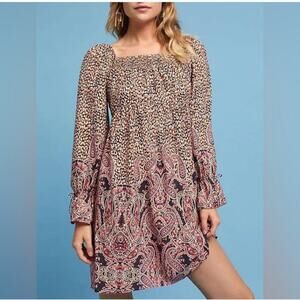 Anthropologie Maeve Milou Smocked Dress Paisley Leopard Print Size Medium